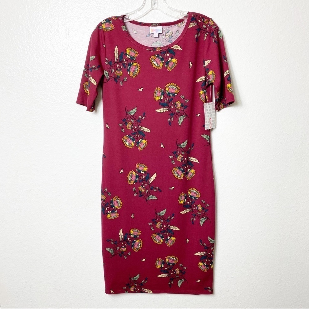 LuLaRoe Floral Print Maroon Women Julia Polyester Spandex Dress Size Small